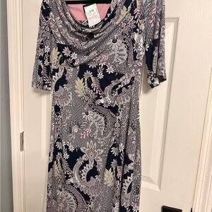 Connected Apparel Navy and Pink Paisley Midi Dress